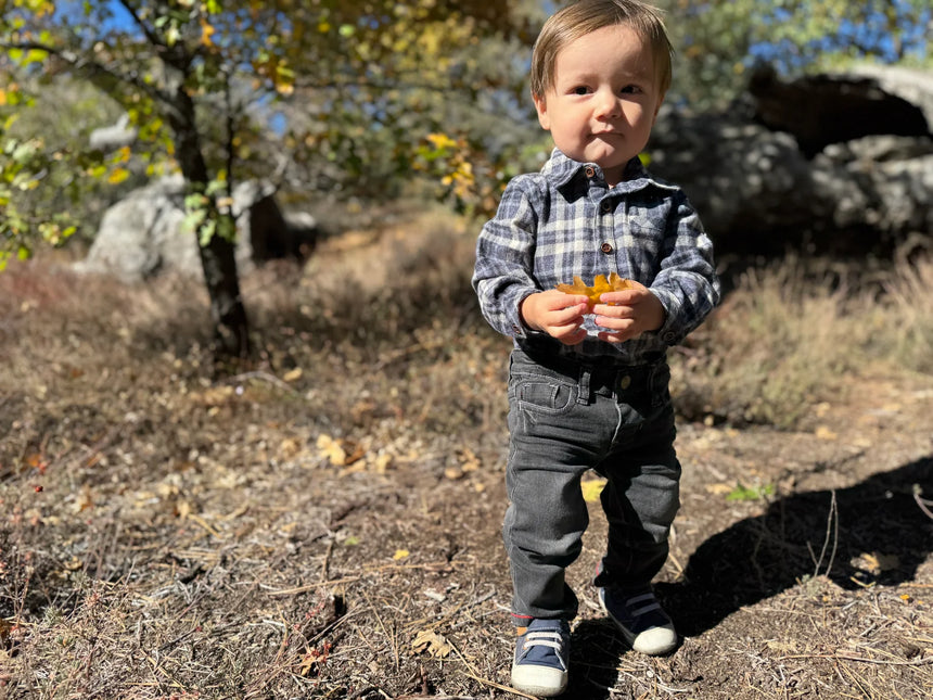 Me & Henry JASPER Beige/Blue brushed cotton plaid Woven Onesie