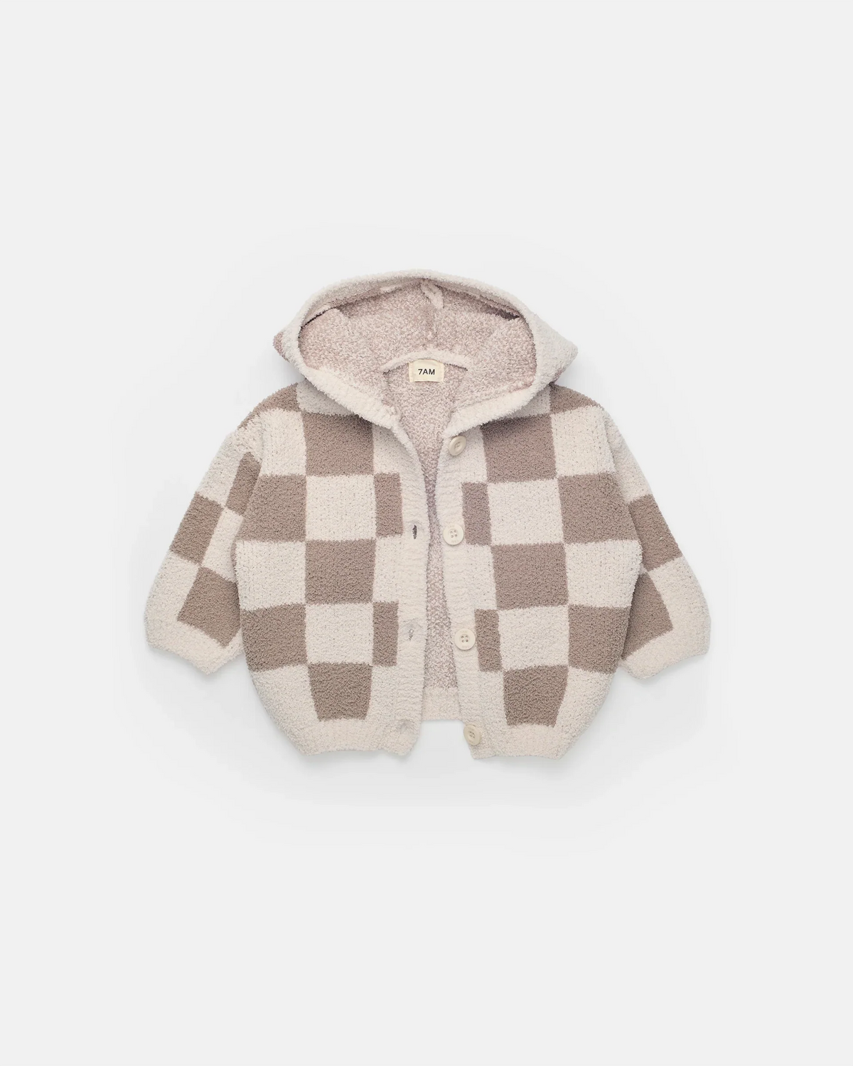 7AM Enfant Hooded Cardigan - Checkers Fuzzy Ecru Taupe - Princess and the Pea Boutique