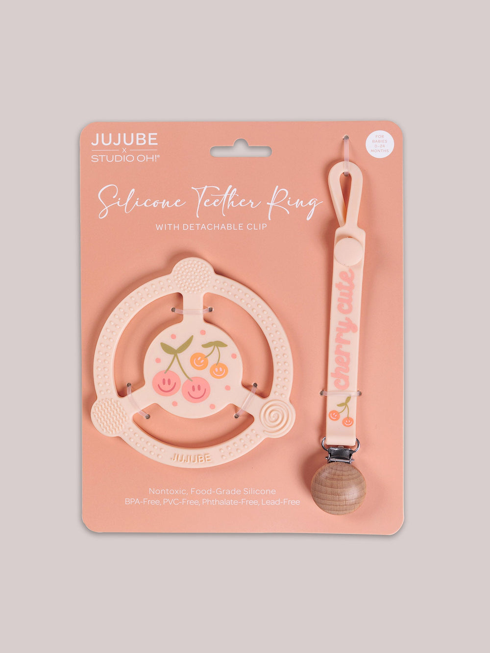 Silicone Teether Ring with Detachable Clip Cherry