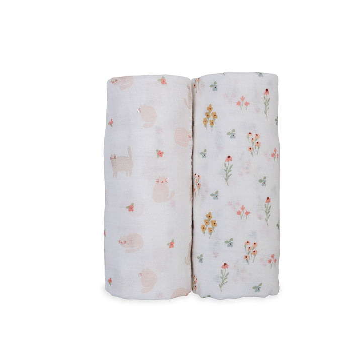 Lulujo Kitty Cat &amp; Flower Field - Lot de 2 langes en coton