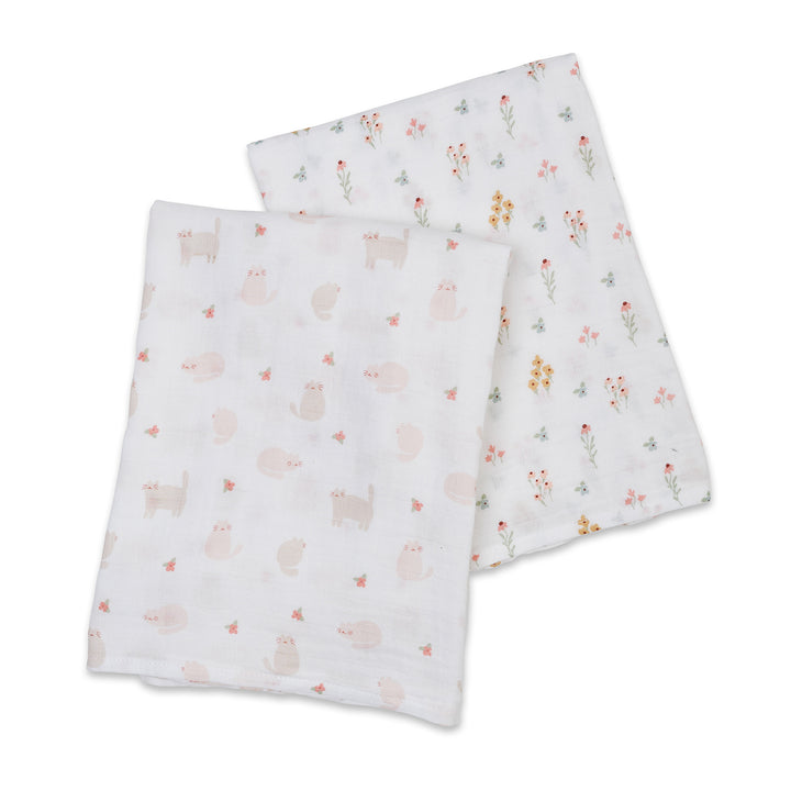 Lulujo Kitty Cat &amp; Flower Field - Lot de 2 langes en coton