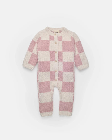 7AM Enfant Long Sleeve Jumpsuit - Checkers Fuzzy Ecru Ash Rose - Princess and the Pea Boutique