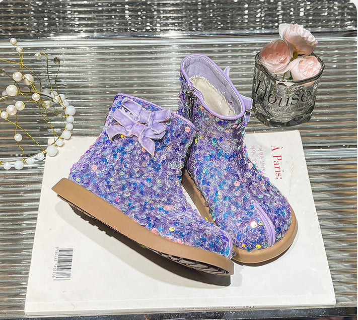 Sequin Sparkle Ankle Boots with Bow - Purple