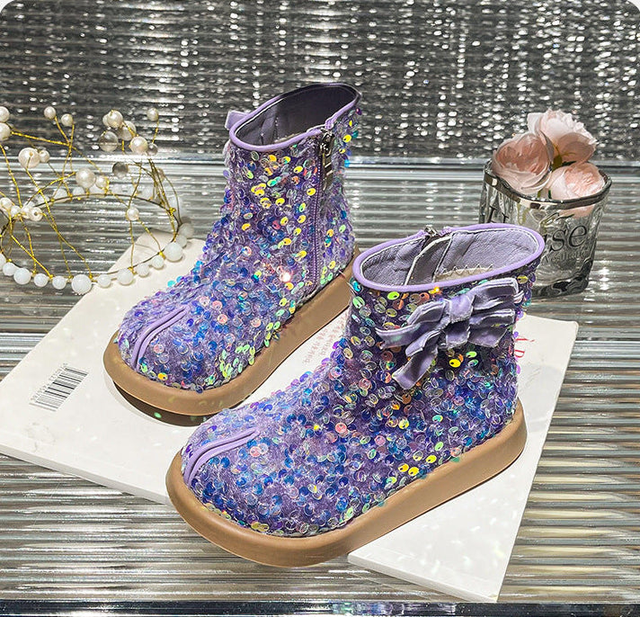 Sequin Sparkle Ankle Boots with Bow - Purple