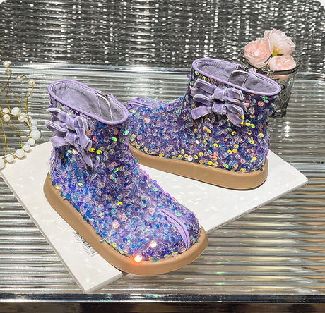 Sequin Sparkle Ankle Boots with Bow - Purple