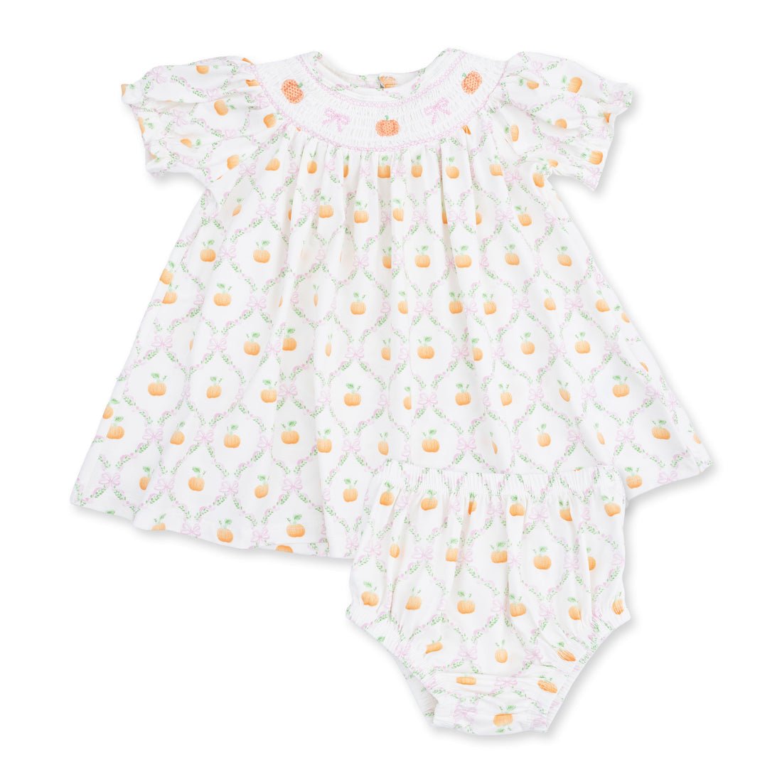 Angel Dear Puff Sleeve Bishop Dress and Bloomer - Pretty Pumpkin Trellis - Princess and the Pea Boutique