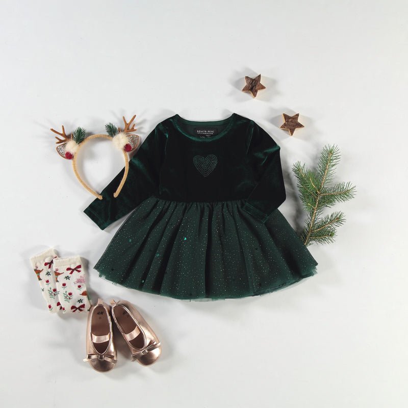 Baby Green Velvet and Sequin Dress - Princess and the Pea Boutique
