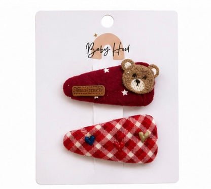 Baby Hood Bear Cozy Plaid Hair Clip Set - Princess and the Pea Boutique