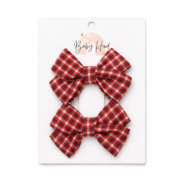 Baby Hood Cherry Tartan Bow Hair Clip Duo - Princess and the Pea Boutique