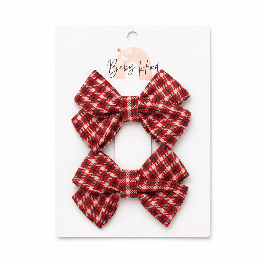 Baby Hood Cherry Tartan Bow Hair Clip Duo - Princess and the Pea Boutique