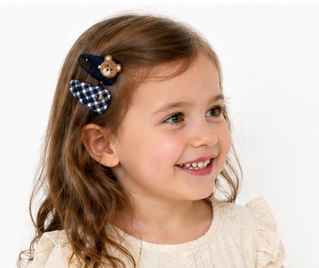 Baby Hood Classic Navy Bear Check Hair Clip Set - Princess and the Pea Boutique
