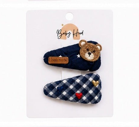 Baby Hood Classic Navy Bear Check Hair Clip Set - Princess and the Pea Boutique