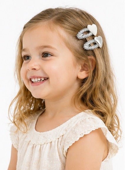 Baby Hood Glitter Silver Heart Snap Hair Clip Duo - Princess and the Pea Boutique