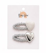 Baby Hood Glitter Silver Heart Snap Hair Clip Duo - Princess and the Pea Boutique