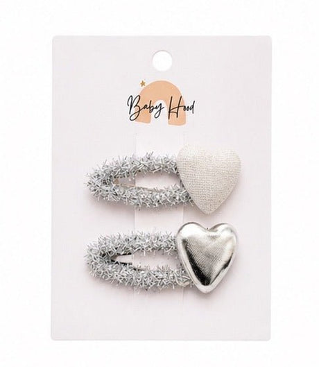 Baby Hood Glitter Silver Heart Snap Hair Clip Duo - Princess and the Pea Boutique
