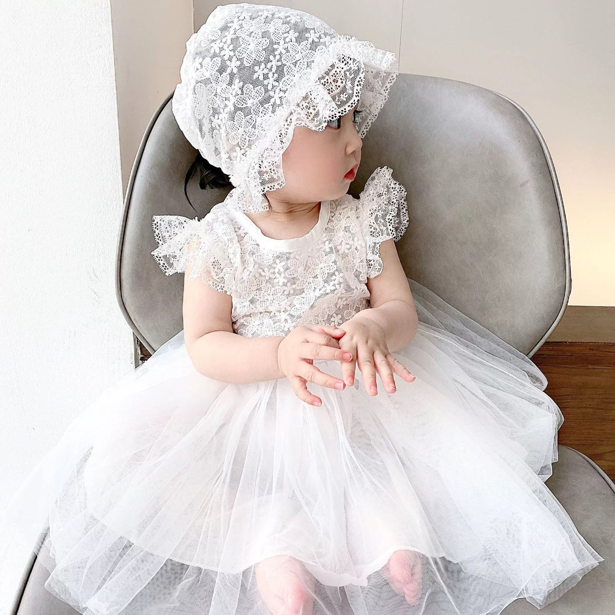Babyhood All - White Elegant Lace Baby Dress and Bonnet Set - Princess and the Pea Boutique