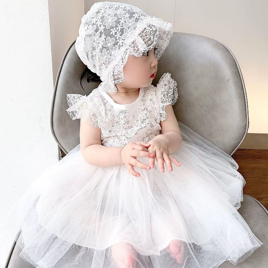 Babyhood All - White Elegant Lace Baby Dress and Bonnet Set - Princess and the Pea Boutique