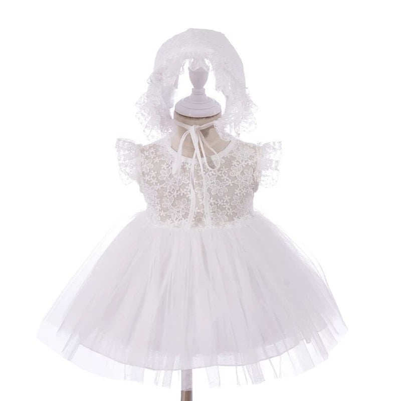 Babyhood All - White Elegant Lace Baby Dress and Bonnet Set - Princess and the Pea Boutique