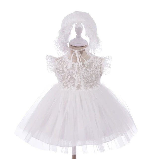 Babyhood All - White Elegant Lace Baby Dress and Bonnet Set - Princess and the Pea Boutique