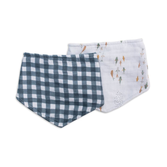 Lot de 2 bavoirs bandanas Lulujo bleu marine à carreaux vichy et poisson