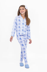 Blue Posies Long Sleeve Jersey Pajama Pant Set - Princess and the Pea Boutique