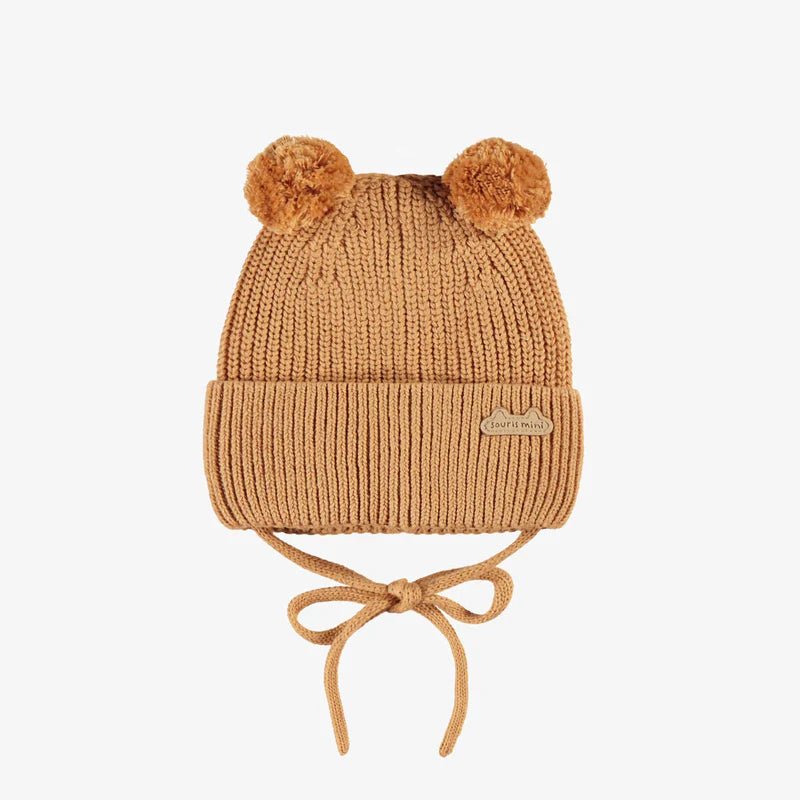 Brown knit beanie with pom - poms, newborn - Princess and the Pea Boutique