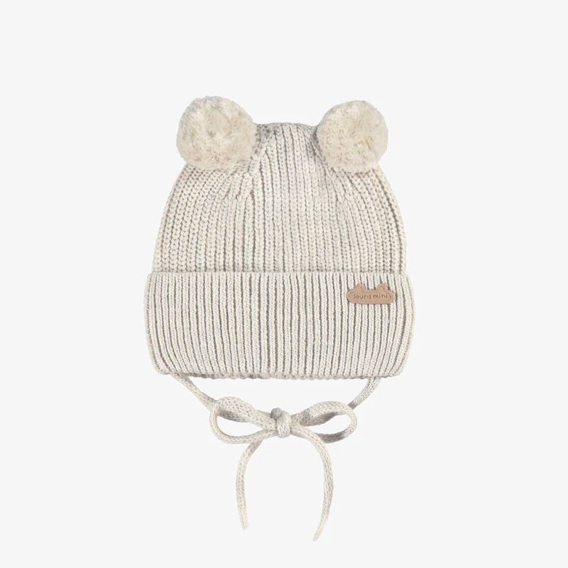 Cream knit beanie with pom - poms, newborn - Princess and the Pea Boutique