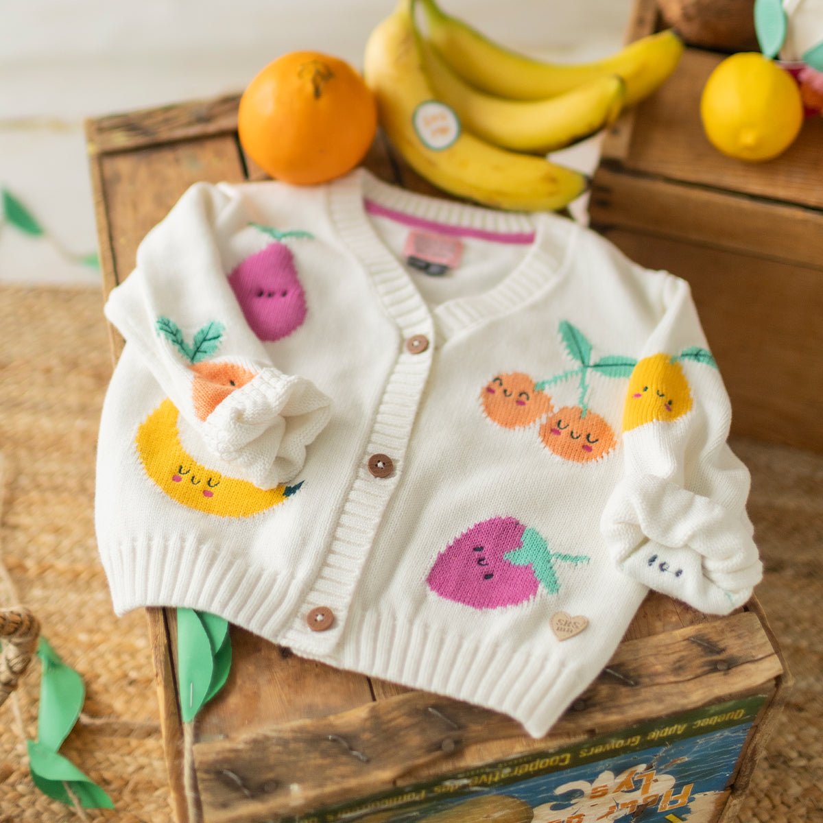Cream knit cardigan with fruit patterns, baby - Princess and the Pea Boutique