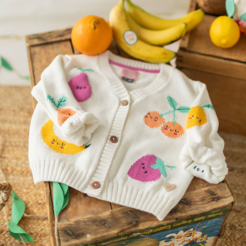 Cream knit cardigan with fruit patterns, baby - Princess and the Pea Boutique