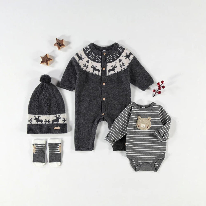 Gray knit one - piece with jacquard patterns - Princess and the Pea Boutique