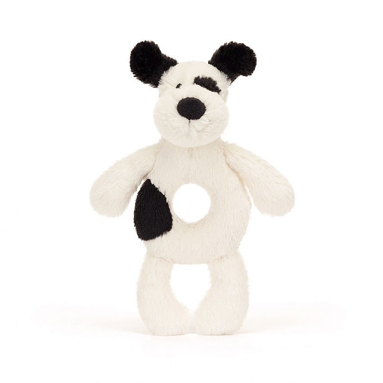 Jellycat Bashful Black and Cream Puppy Ring Rattle - Princess and the Pea