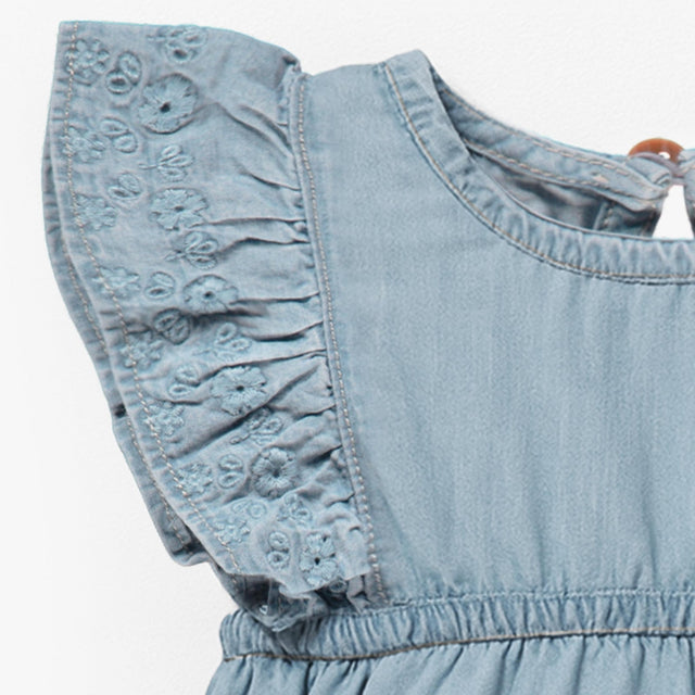 Light blue denim romper with broderie anglaise - Princess and the Pea Boutique