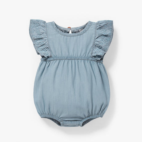 Light blue denim romper with broderie anglaise - Princess and the Pea Boutique