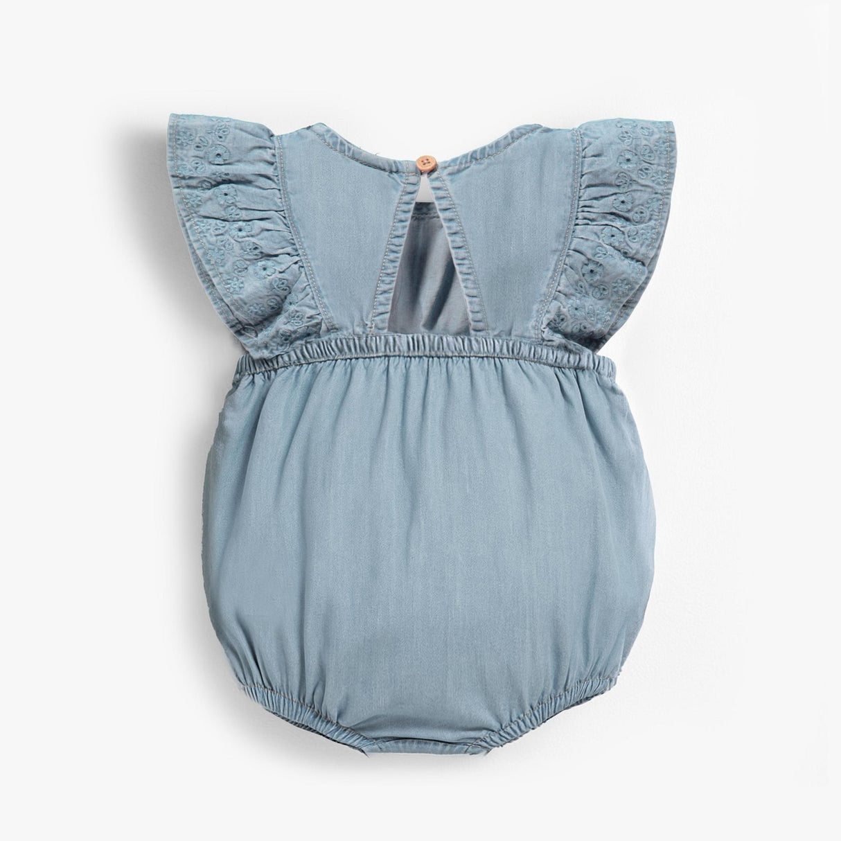 Light blue denim romper with broderie anglaise - Princess and the Pea Boutique