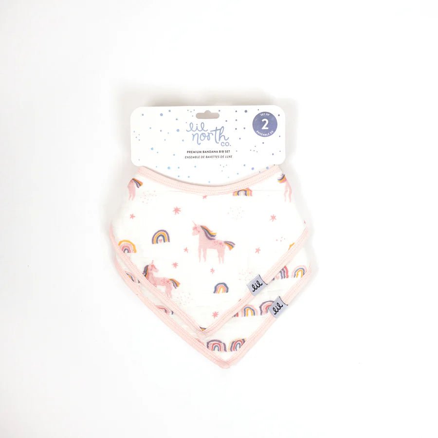 Lil North Co. Muslin Bandana Bib Set – Bright Unicorn & Rainbow - Princess and the Pea Boutique