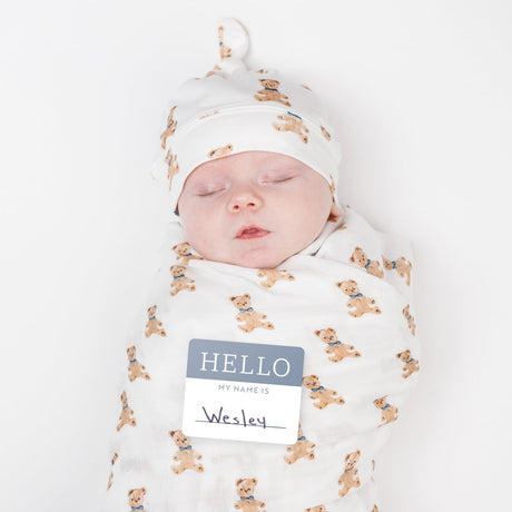 Lulujo Hello World Hat & Swaddle Sets - Vintage Bear - Princess and the Pea Boutique