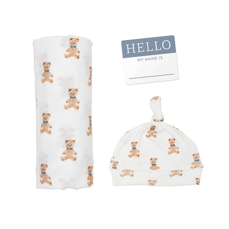 Lulujo Hello World Hat & Swaddle Sets - Vintage Bear - Princess and the Pea Boutique