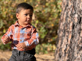 Me & Henry JASPER Rust/Blue Washed plaid Woven Onesie - Princess and the Pea Boutique