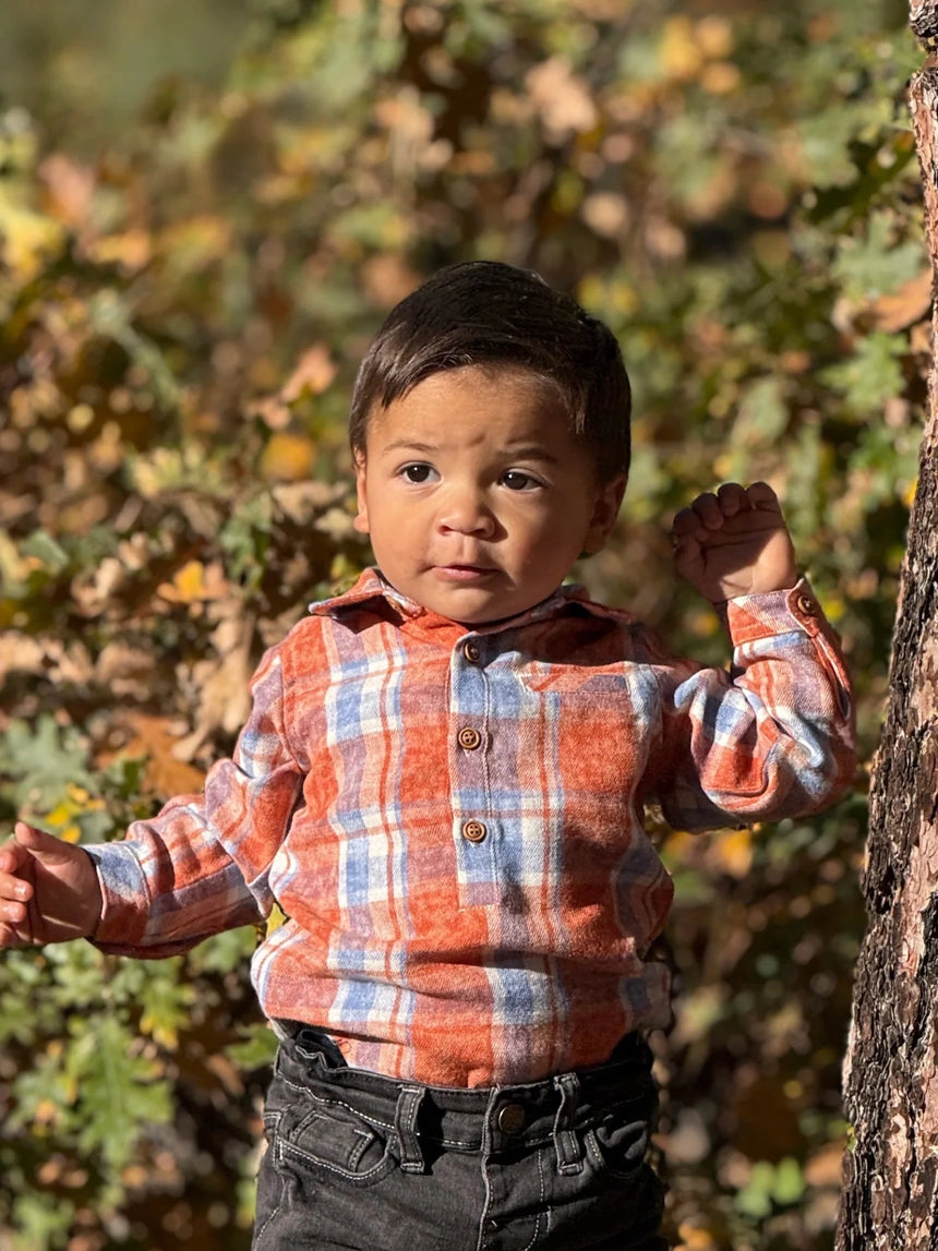 Me & Henry JASPER Rust/Blue Washed plaid Woven Onesie - Princess and the Pea Boutique