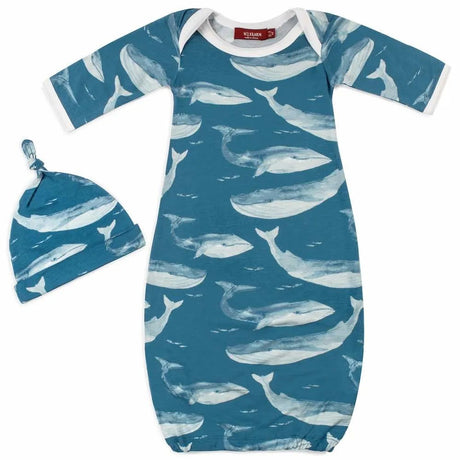 Milkbarn Blue Whale Bamboo Newborn Gown & Hat Set - Princess and the Pea Boutique