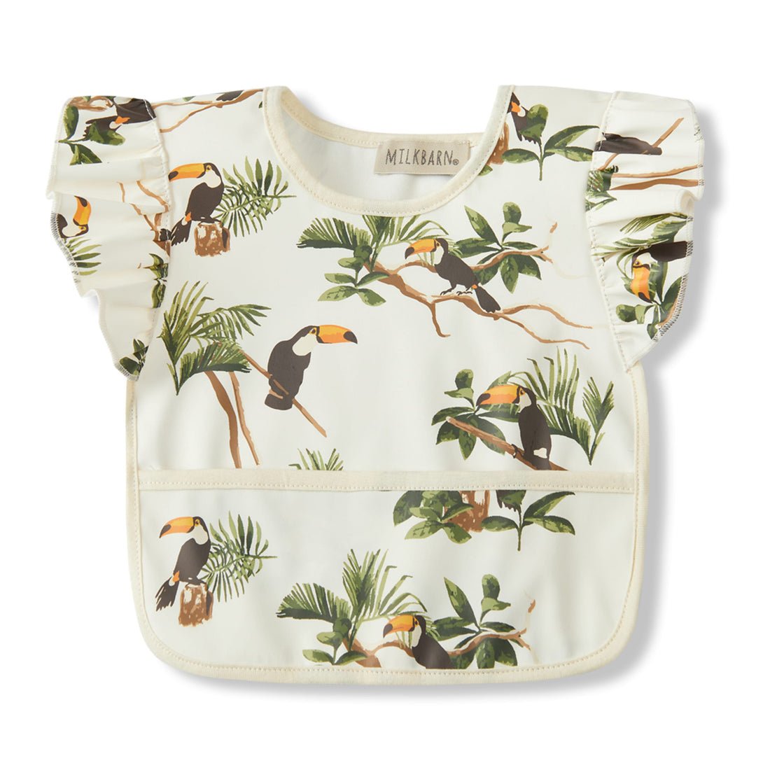 Milkbarn White Toucan Ruffle Pocket Bib - Princess and the Pea Boutique
