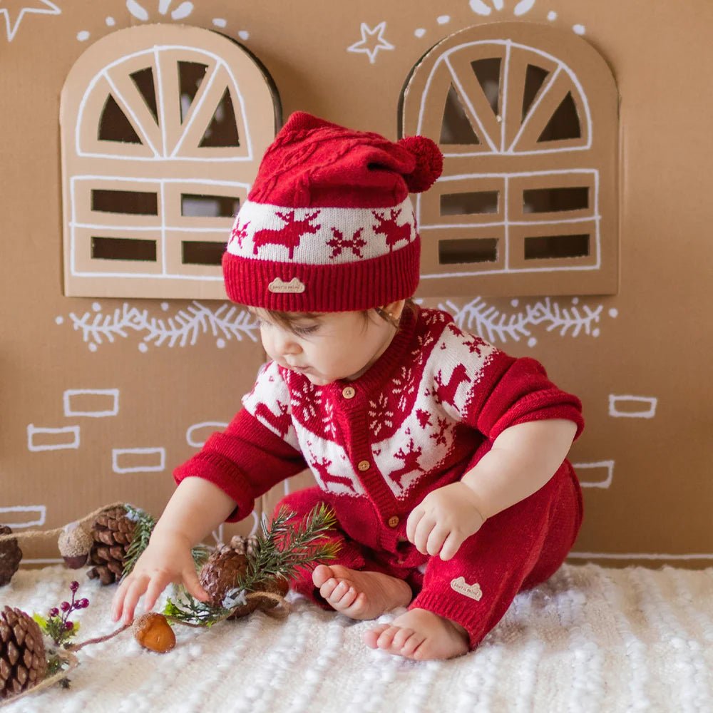 Newborn Red knit beanie with jacquard patterns - Princess and the Pea Boutique