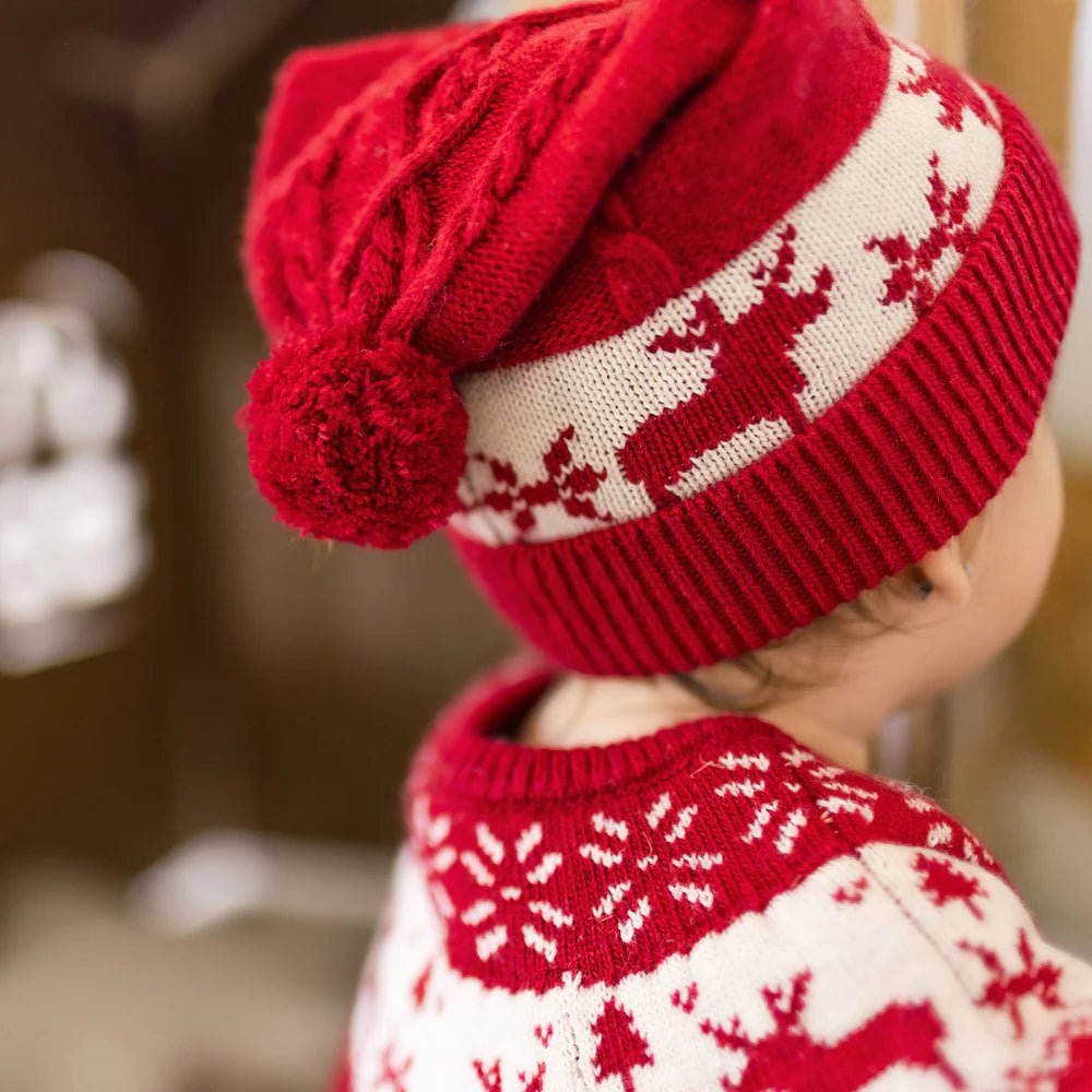 Newborn Red knit beanie with jacquard patterns - Princess and the Pea Boutique