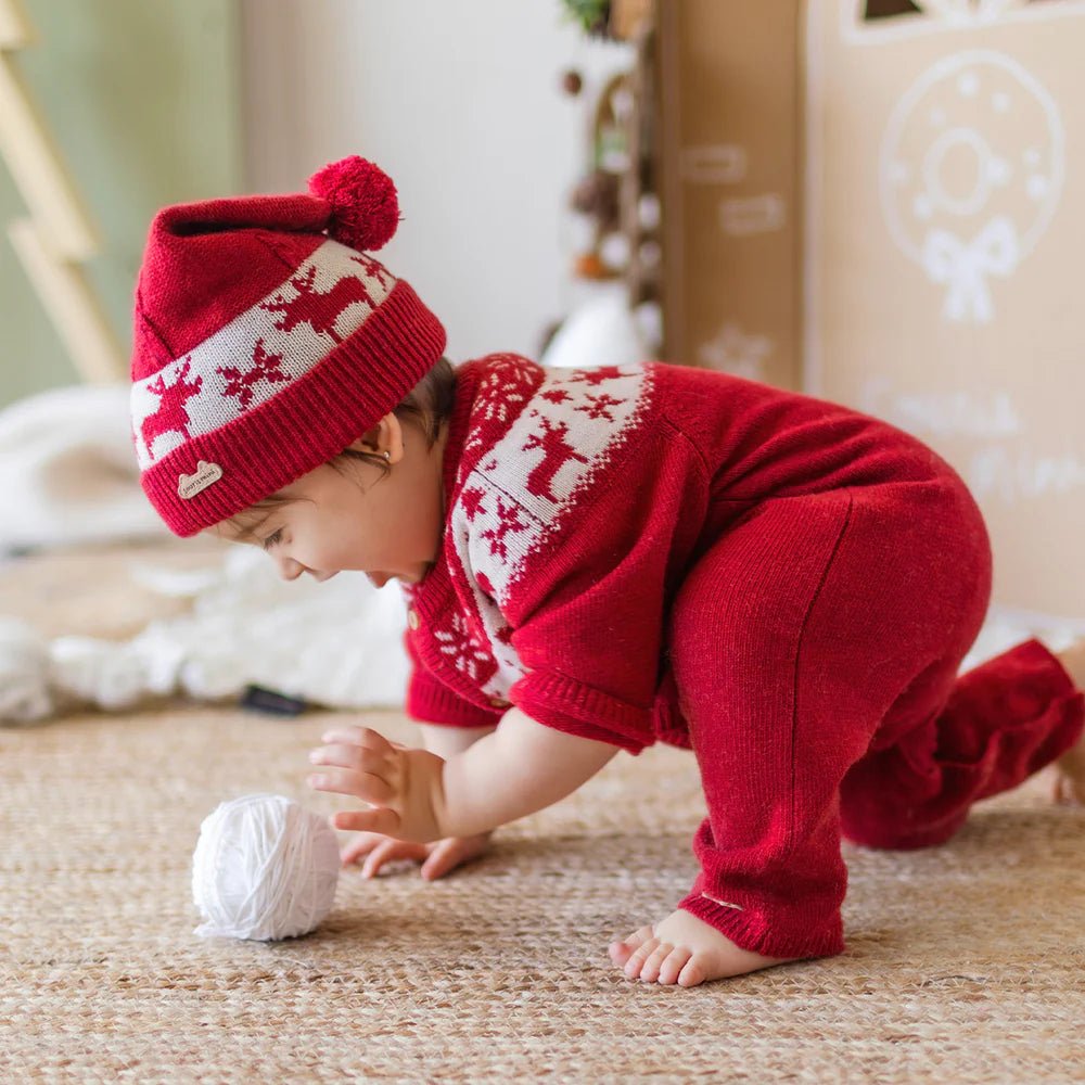 Newborn Red knit beanie with jacquard patterns - Princess and the Pea Boutique