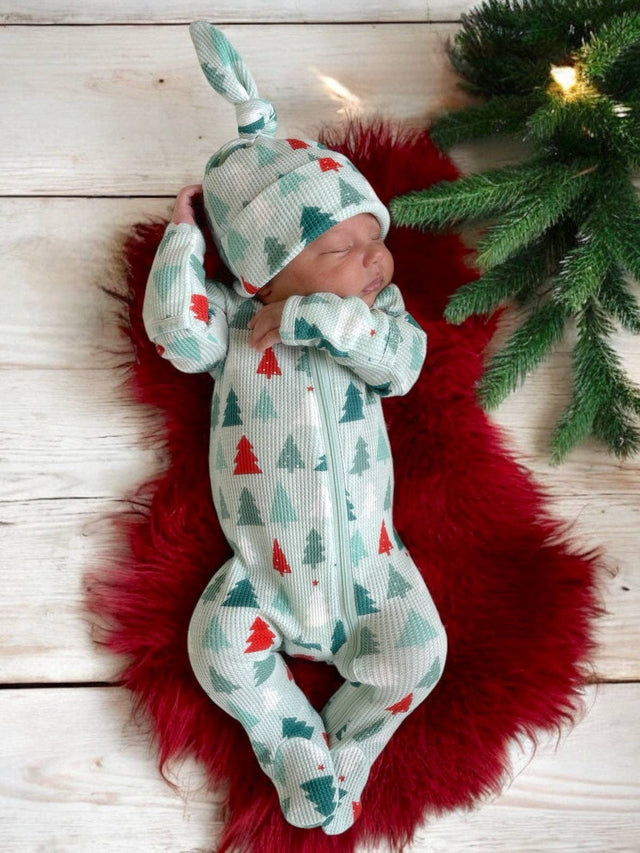 Organic Waffle Basic Zip Footie - Festive Firs - Princess and the Pea Boutique