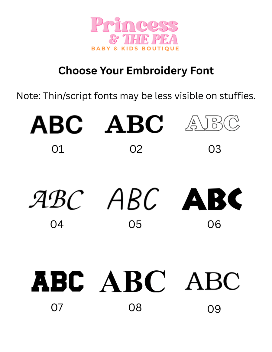 Embroidery font chart, fonts 01 to 09
