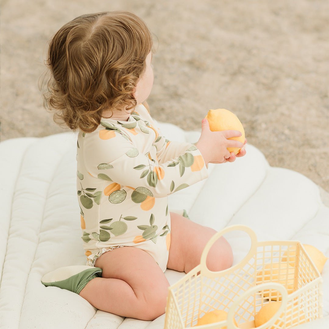 Petit Lem Citrus Print on Antique White Long - Sleeve One - Piece Swimsuit - Princess and the Pea Boutique