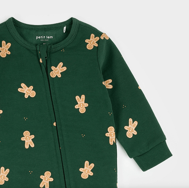 Petit Lem Gingerbread Man Print on Dark Green Fleece Playsuit - Princess and the Pea Boutique