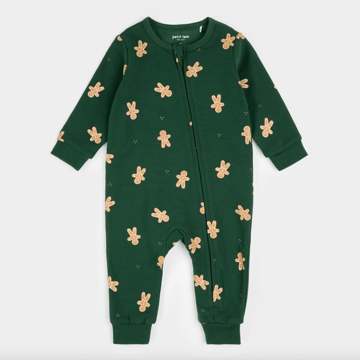 Petit Lem Gingerbread Man Print on Dark Green Fleece Playsuit - Princess and the Pea Boutique