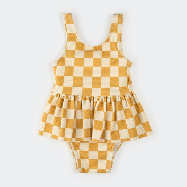 Petit Lem Orange Checkerboard Skirted Swimsuit - Princess and the Pea Boutique